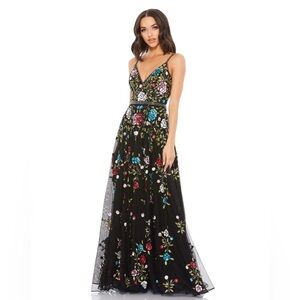 Mac Duggal | 5400 Embellished Floral Sequin Gown Black Mutli Size 4 NEW